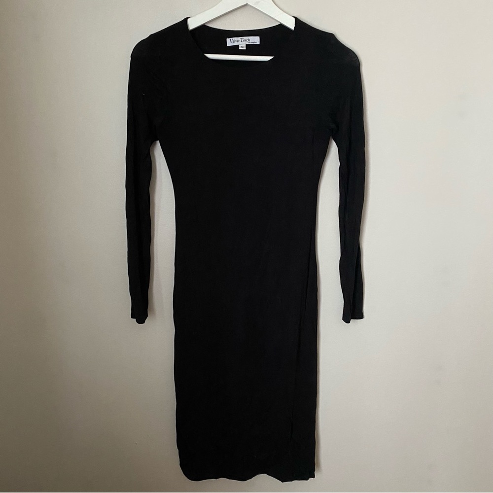 Velvet Torch Dress Long Sleeve Black Neutral Midi Casual Cocktail Solid